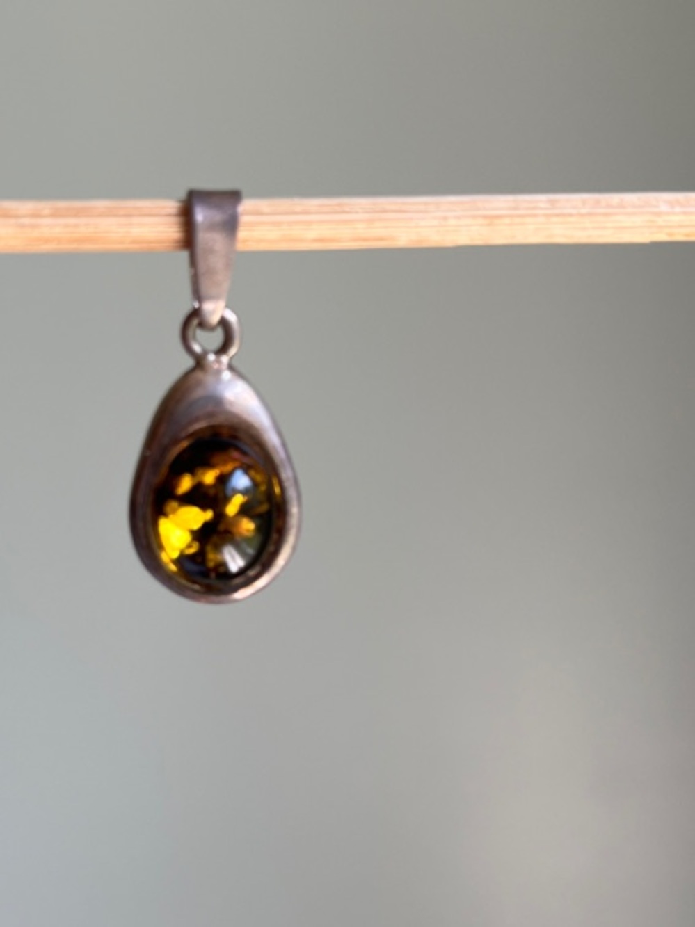 Sterling Silver Amber Teardrop Pendant -Green